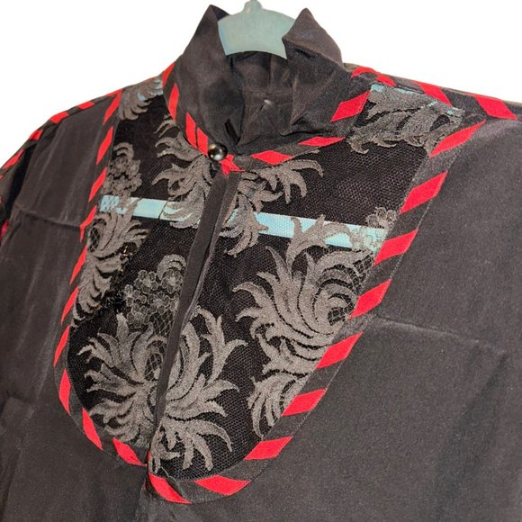 Vintage SILK black red detail Lace sequins front STUNNING Tunic top M - Picture 2 of 4